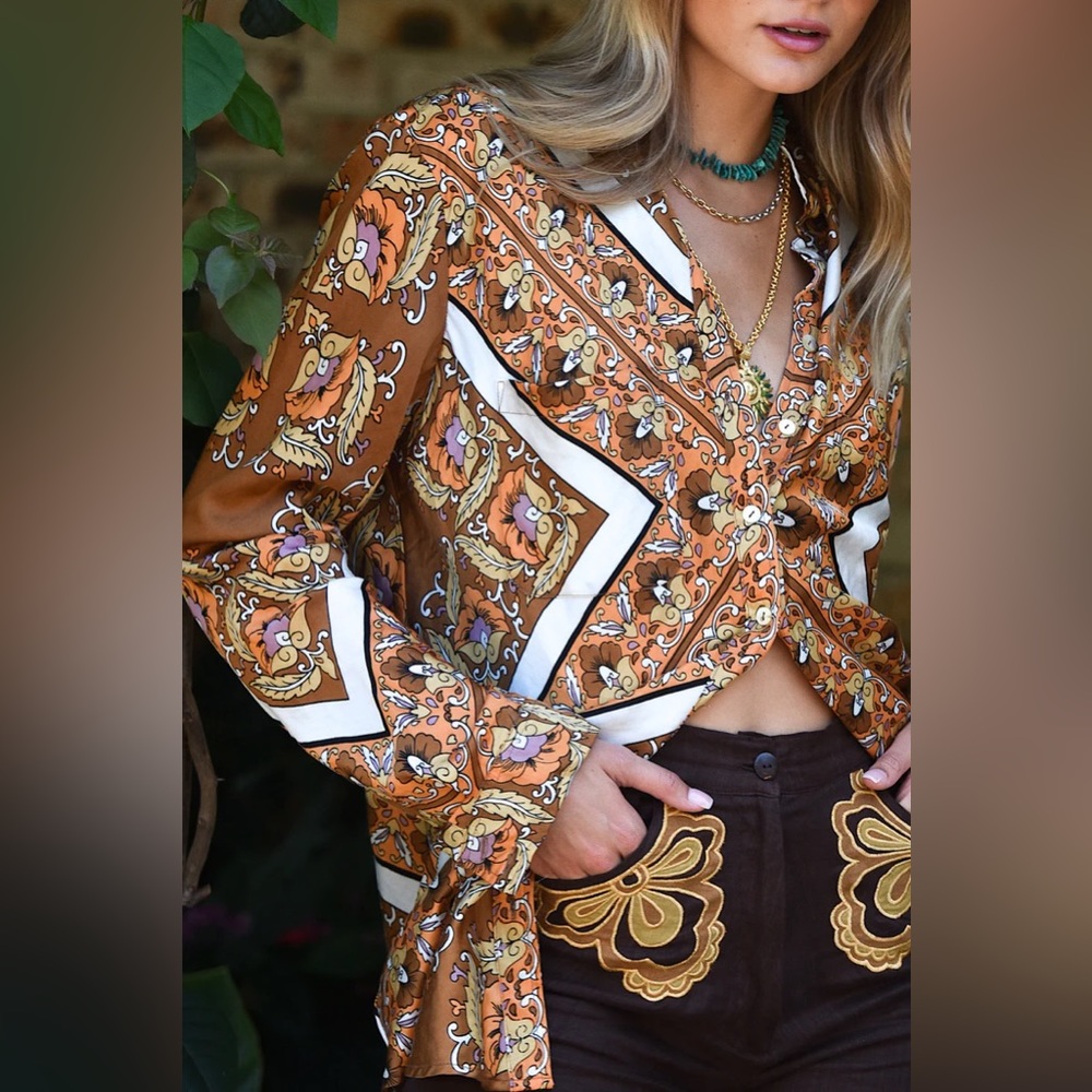 Chasing Unicorns 🍁 Lost In The Music Silk Satin Oversized Shirt sz L - Picture 6 of 17